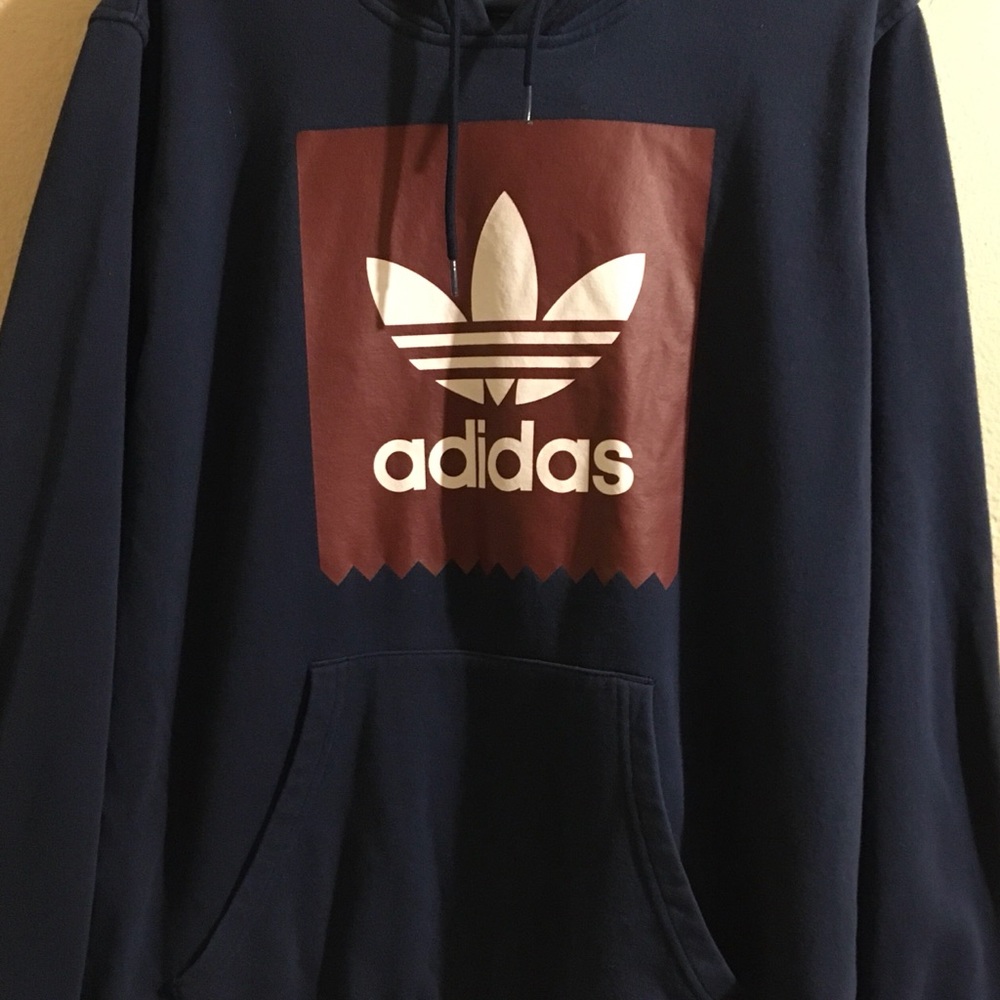 SOLD ADIDAS NAVY AND BROWN LOGO HOODIE SZ L COMFY AND CASUAL